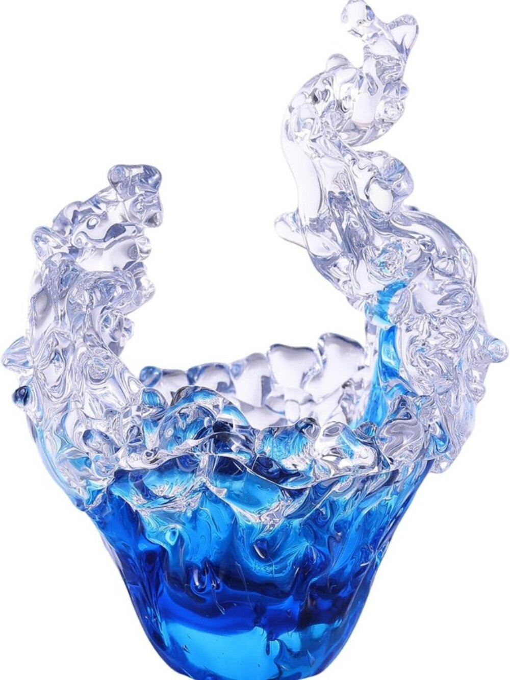 Unique Hand Blown Blue & Clear Glass Ocean Wave Sculpture - Nautical Decor for